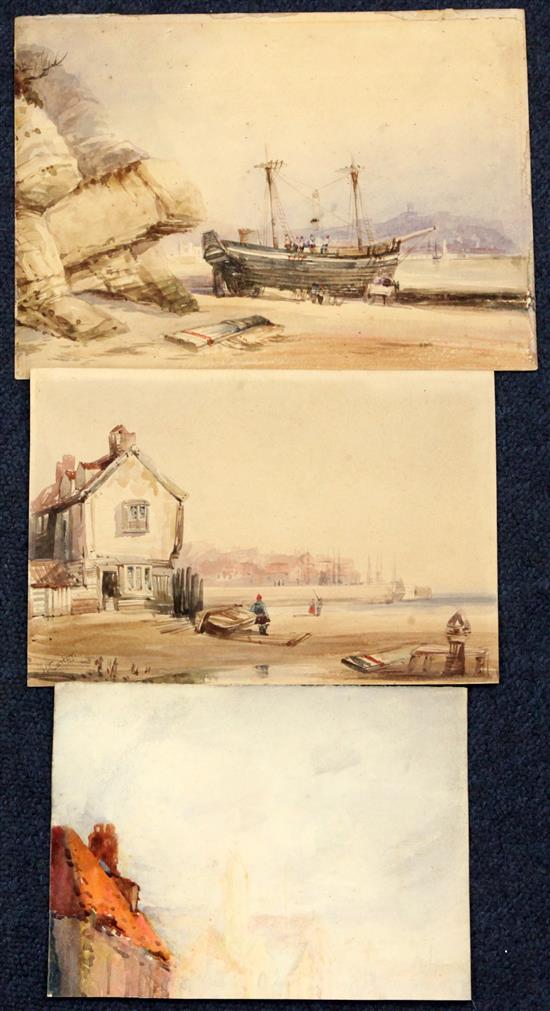 Henry Barlow Carter (1804-1868) Robin Hoods Bay and beached ship, Whitby, Largest 6.75 x 9.5in. unframed.